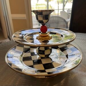 Mackenzie Childs Courtly Check 2 tier serving stand.